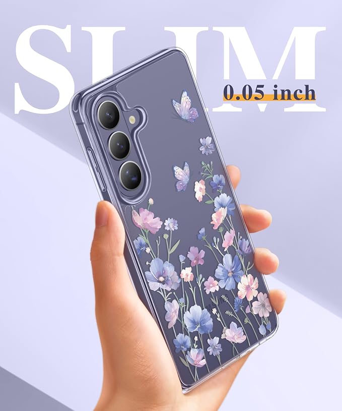 GVIEWIN for Samsung Galaxy S26 Case, Clear Floral Slim Shockproof Protective Women Phone Case, Non-Yellowing, with Screen Protector & Camera Lens Protector for Galaxy S26 6.3", Bloomwing/Blue