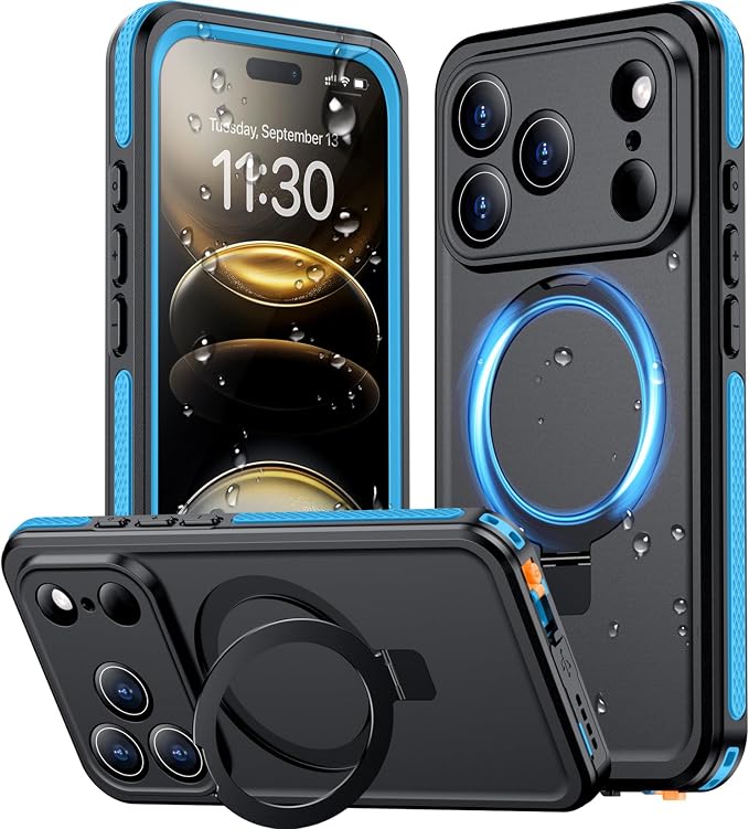 Temdan Magnetic Compatible with iPhone 17 Pro Max Case,Waterproof Built-in Screen & Camera Protector IP68 Underwater Full Body 17FT Military Dropproof Shockproof Phone Case 6.9"-Blue/Black