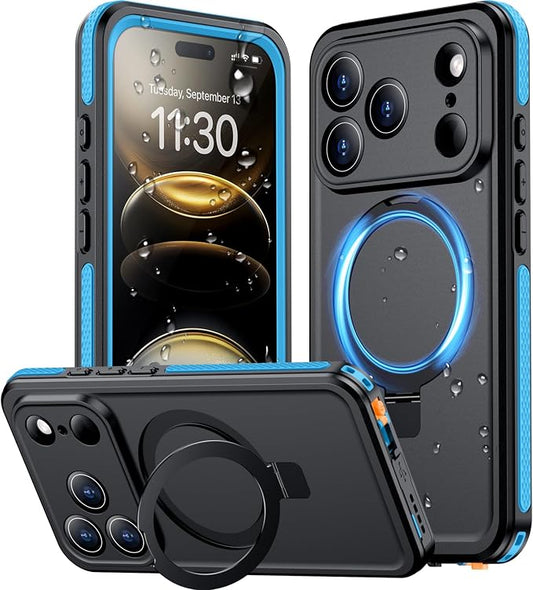 Temdan Magnetic Compatible with iPhone 17 Pro Max Case,Waterproof Built-in Screen & Camera Protector IP68 Underwater Full Body 17FT Military Dropproof Shockproof Phone Case 6.9"-Blue/Black