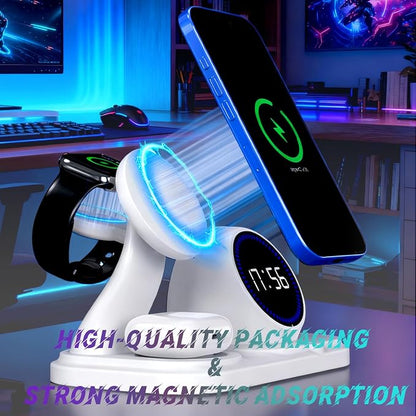 Wireless Charging Station with Clock,6-in-1 Charging Stand for Multiple Devices for iPhone 17 16 15 14 13 12 Pro Max, Apple Watch, Airpods, Bluetooth Speaker + RGB Light
