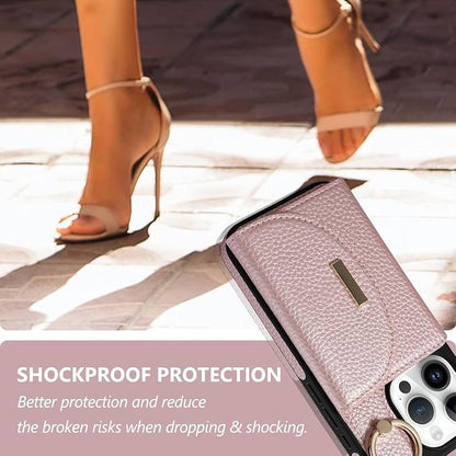 Keallce Wallet Case for iPhone 16 Pro 6.3'', Flip Case with Card Slots, Ring Holder Kickstand, PU Leather Protective Folio Cover for Women, Rosegold