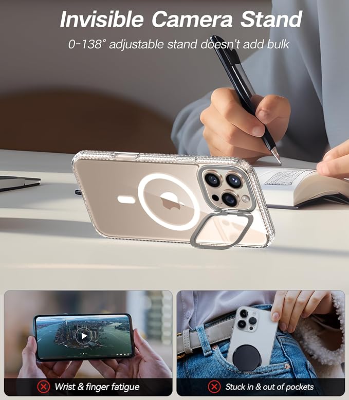 [Upgraded] for iPhone 16 Pro Case with Camera Cover Stand [Fit for MagSafe][9H Camera Lens Protector] Mil-Grade Protection Transparent Magnetic iPhone 16 Pro Phone Case, Clear