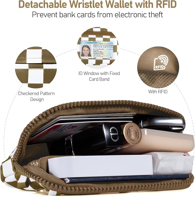 Clip and Go Strap for Phone with Wallet Crossbody Phone Lanyard and Detachable Checkered Bag with ID Window and RFID Pouch for Daily Travel.