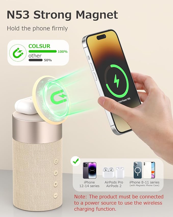 COLSUR Bluetooth Speaker, Magnetic Wireless Charger, Bluetooth Speakers with Night Light, 2 in 1 Wireless Charging Station for iPhone 17/16/15/14/13/12 Series, AirPods Pro 2/4/3/2（Gift Ideal）(Yellow)