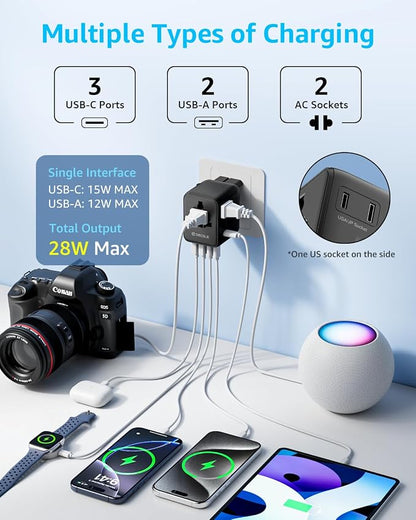 “Pro” Universal Travel Adapter 3 USB-C＆ 2 USB-A Cover 200+ Countries | 28W Max, International Plug Adapter, All in One Portable Adapter, NOT A Voltage Converter, for USA, UK, EU, AU (Black)