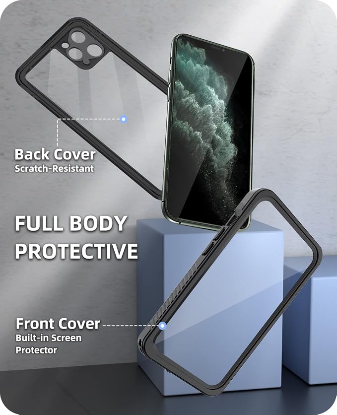WIFORT for iPhone 11 Pro Waterproof Case - [Certified Water Proof & Military Protection] with [Built-in Screen Protector], Full Body Shockproof Phone Case Cover for iPhone 11 Pro 5.8" - Black