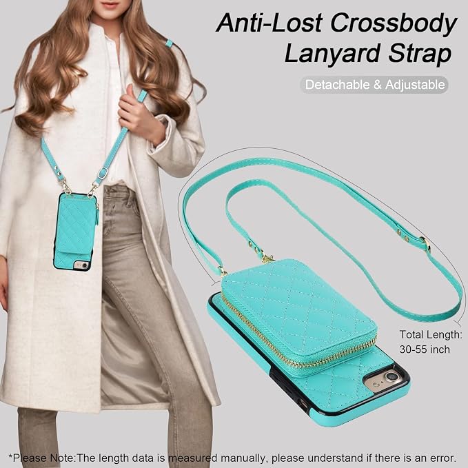 Bocasal Crossbody Wallet Case for iPhone SE 2022/SE 2020/8/7, RFID Blocking PU Leather Zipper Handbag Purse Flip Cover, Kickstand Folio Case Card Slots Holder Wrist Strap Lanyard 4.7 Inch (Mint Green)