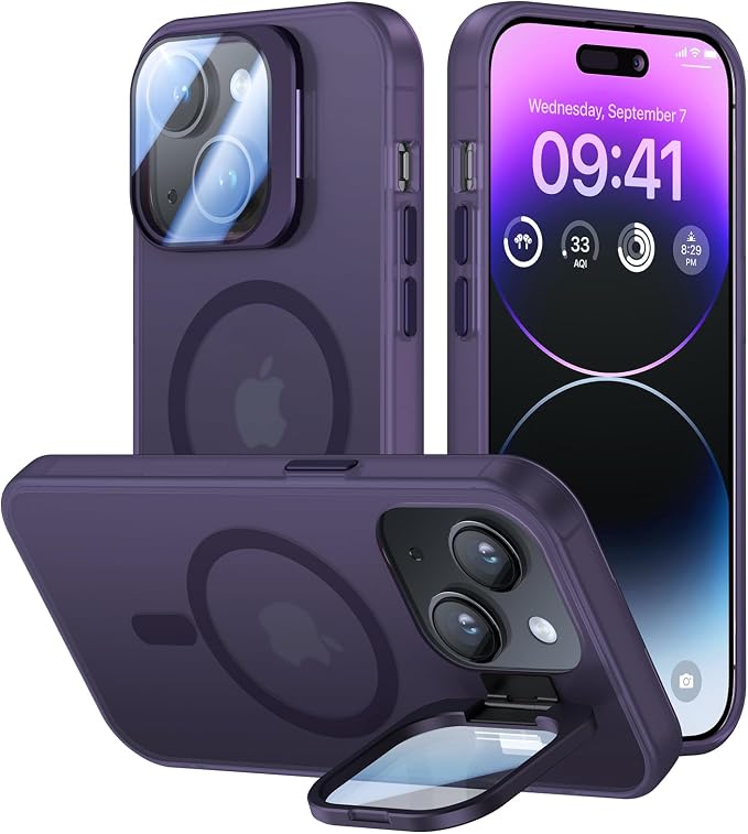 for iPhone 14 Plus Case with Camera Cover Stand [Built-in 9H Camera Lens Protector][Fit for Magsafe] Military Grade Shockproof Translucent Matte Magnetic Phone Case 6.7",Purple
