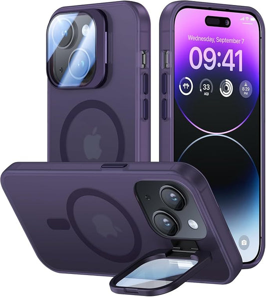 for iPhone 14 Plus Case with Camera Cover Stand [Built-in 9H Camera Lens Protector][Fit for Magsafe] Military Grade Shockproof Translucent Matte Magnetic Phone Case 6.7",Purple