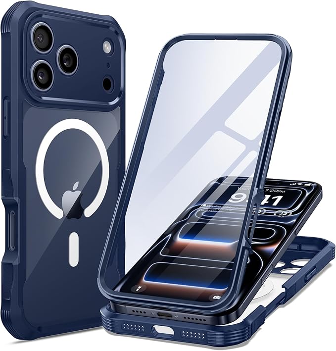 seacosmo for iPhone 17 Pro Max Case, Full Body Bumper with Built-in Tempered Glass Screen Protector and Camera Lens Protection, Compatible with MagSafe, Shockproof 17 Pro Max Case, 6.9", Deep Blue
