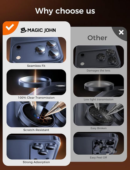 MAGIC JOHN for iPhone 17 Pro Max/17 Pro Camera Lens Protector [Alignment Kit&1:1 Invisible Fit] 9H Aerospace Tempered Glass, Ultra HD, Metal Individual Ring，Case Friendly, Set of 2,Blue