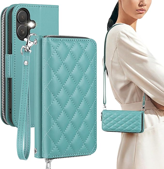 OCASE for iPhone 17 Crossbody Wallet Case - Stylish PU Leather Handbag Phone Purse with Zipper Closure, Card Slots & RFID Blocking - Wrist Strap, Lanyard, Kickstand - Diamond Check Green