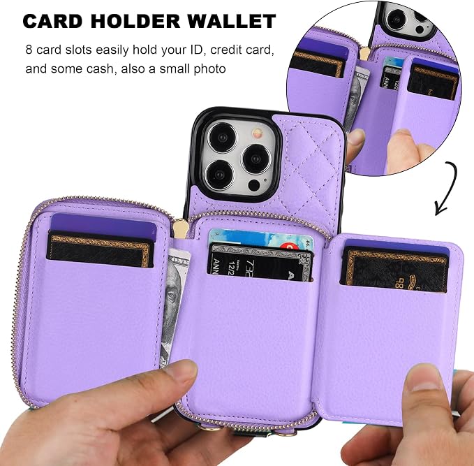 Bocasal Crossbody Wallet Case for iPhone 15 Pro Max, RFID Blocking PU Leather Zipper Handbag Purse Flip Cover, Kickstand Folio Case with Card Slots Holder Wrist Strap Lanyard 5G 6.7 Inch (Purple)
