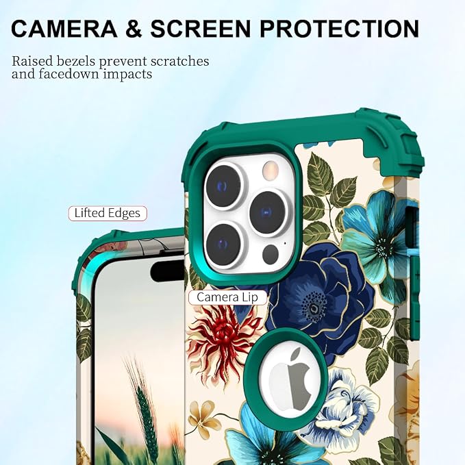 Hocase for iPhone 15 Pro Case, Heavy Duty Shockproof Protection Soft Silicone Rubber Bumper+Hard Plastic Hybrid Protective Case for iPhone 15 Pro 6.1" 2023 - Teal Flowers