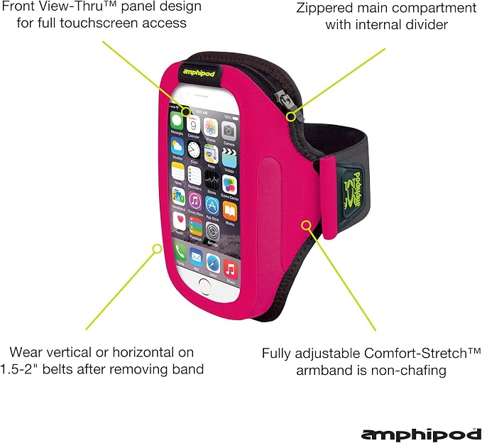 Amphipod ArmPod SmartView Sumo Armband, Reflective Arm or Belt Cell Phone Accessory with Zip Storage for Running & Walking - Diva Pink - XL/Sumo