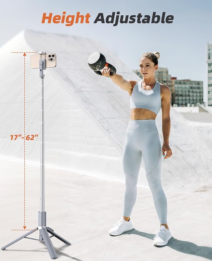 Phone Tripod & Selfie Stick with Remote, Portable, Lightweight for Video Recording Vlog, Extendable Travel Tripod Stand Compatible with iPhone Android, Grey, 62"