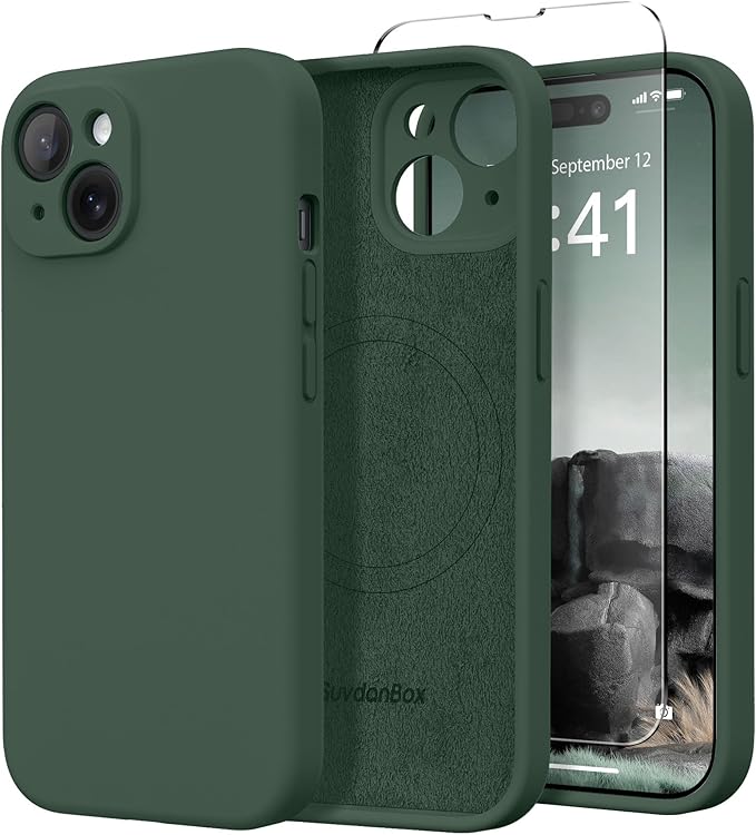 Magnetic for iPhone 15 Plus Case, Compatible with MagSafe, [Full Camera Protection][Screen Protector] Silicone Shockproof Protective Phone Case for iPhone 15 Plus 6.7", Alpine Green