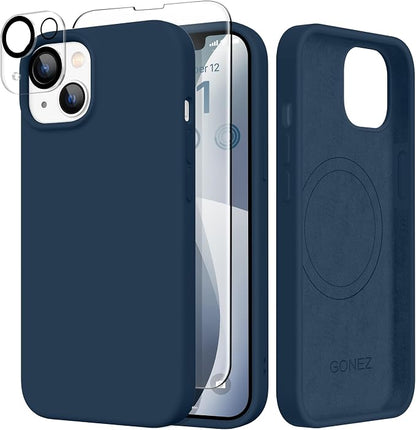 GONEZ Magnetic for iPhone 14 Case, Compatible with Magsafe, with Screen Protector + Camera Protector, Anti-Scratch Microfiber Lining, Liquid Silicone Shockproof Protective Phone Case, Dark Blue