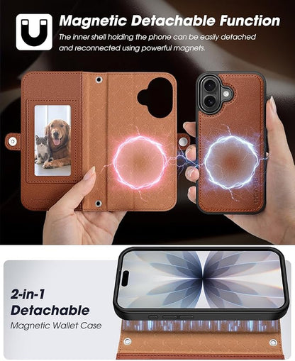 OCASE for iPhone 17 Crossbody Detachable Wallet Case, PU Leather Handbag Phone Purse with Zipper Closure, Card Slots & RFID Blocking, Wrist Strap, Lanyard, Kickstand, Diamond Check Brown