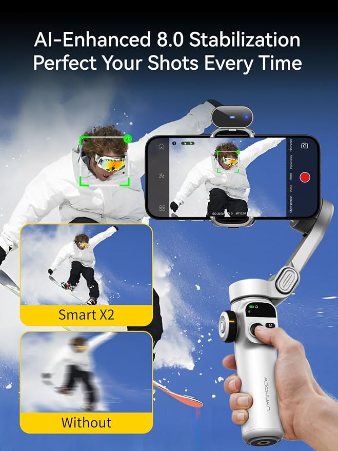 AOCHUAN Gimbal Stabilizer for iPhone, Phone Gimbal with AI Tracking Sensor for Vlog Recording, 3-Axis Phone Gimbal with 7.8' Extension Rod and OLED Display for iPhone/Android-Smart X2 AI White