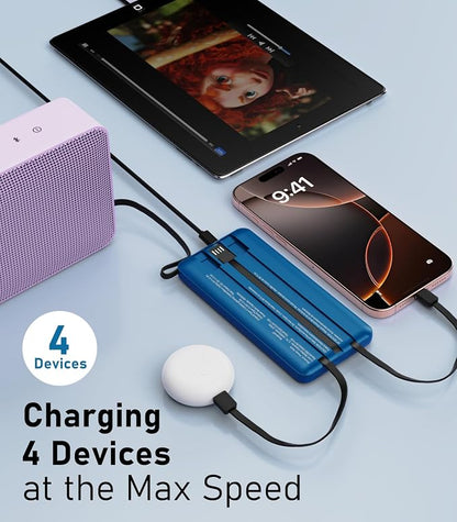Portable Charger with Built in Cables, Slim 10000mAh Power Bank, USB C Battery Pack Travel, 4 Output 2 Input External Charging Bank for iPhone 17/16/15/14/13,Samsung, Android, etc-Black&Blue(2 Pack)
