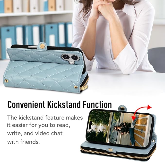 Rssviss Crossbody Case for iPhone 17 Case Wallet, RFID Blocking Leather with Card Holder Kickstand, Handbag Zipper Flip Cover with Wrist Strap for iPhone 17 Men Women 6.3", Blue