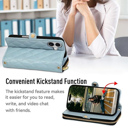 Rssviss Crossbody Case for iPhone 17 Case Wallet, RFID Blocking Leather with Card Holder Kickstand, Handbag Zipper Flip Cover with Wrist Strap for iPhone 17 Men Women 6.3", Blue