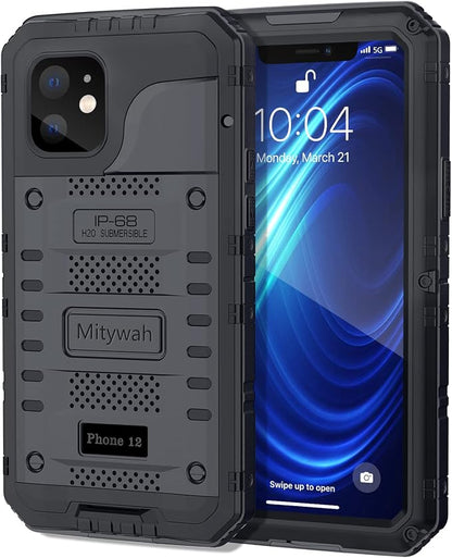 Mitywah Waterproof Case for iPhone 12, Heavy Duty Shockproof Case with Built-in Screen Protector, Full Body Underwater Protective Metal Case 6.1 inch, Black