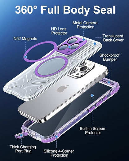 for iPhone 15 Pro Waterproof Case with Magsafe, Built-in [Camera & Screen Protector] [Lanyard], IP68 Water Proof Full Body Dustproof Heavy Duty Frosted Protective Phone Cover, 6.1" Purple