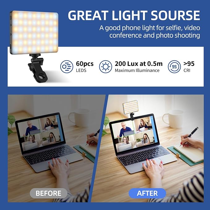 Led Selfie Light,Phone Clip,3000mAh Rechargeable, Photo Light with 3 Modes, Portable Led,iPhone,Laptop,Pictures,Video Recording,TikTok, Selfie,Live,Vlog