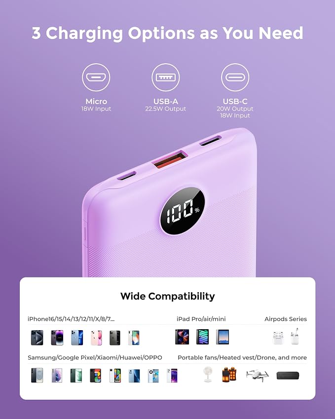 Portable Charger 10000mAh, Ultra Slim Power Bank Fast Charging with Attached USB C Cable, Travel Essential Phone Power Bank Battery Pack for iPhone 17/16/15/14 Samsung S25 Google etc, Purple