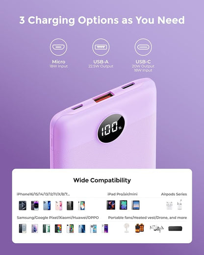 Portable Charger 10000mAh, Ultra Slim Power Bank Fast Charging with Attached USB C Cable, Travel Essential Phone Power Bank Battery Pack for iPhone 17/16/15/14 Samsung S25 Google etc, Purple