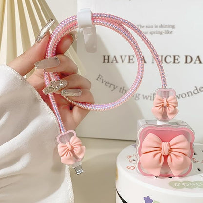 Lovmooful Compatible for iPhone 18W/20W USB-C Charger Cover Clear Lovely 3D Bowknot Waves Design Soft Charger Protector Cute Cable Case Saver Protector for Girls Women-Pink Bowknot