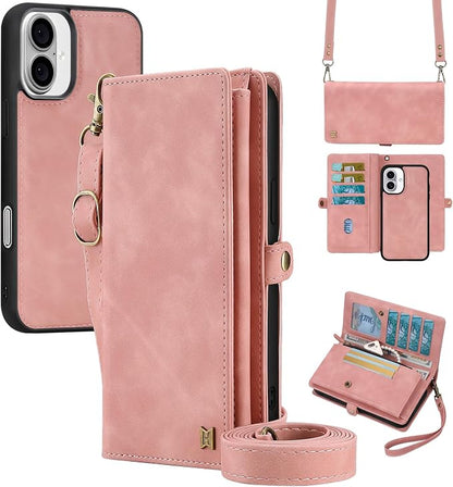 for Wallet Case Compatible with iPhone 16 Plus,Multi-Function Detachable 2 in 1 Magnetic iPhone 16 Plus Case Wallet,Flip Strap Zipper Card Holder Phone Case with Shoulder Straps (Pink)