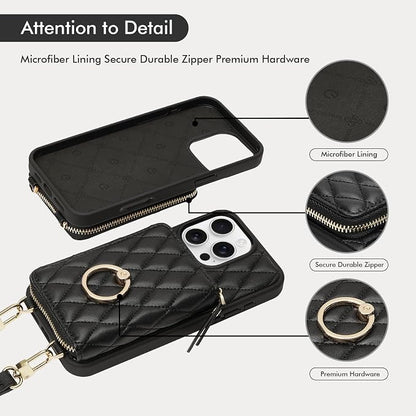 ZVE for iPhone 16 Pro Wallet Case for Women, PU Leather Shockproof Crossbody Phone Case with Card Holder for iPhone 16 Pro 6.3 Inch-Black