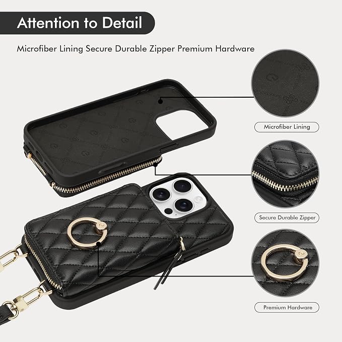 ZVE for iPhone 16 Pro Max Wallet Case for Women, Crossbody Case with Wrist Strap Protective Leather Lanyard with Ring Holder Flip Cover 6.9 Inch - Black
