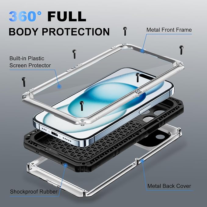 Beasyjoy for iPhone 15 Case Waterproof, Metal Heavy Duty Full Body Protective Case with Built-in Screen Protector, Military Grade Shockproof Dustproof Defender Rugged Cover for iPhone 15 6.1" Silver