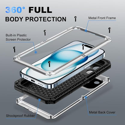 Beasyjoy for iPhone 15 Case Waterproof, Metal Heavy Duty Full Body Protective Case with Built-in Screen Protector, Military Grade Shockproof Dustproof Defender Rugged Cover for iPhone 15 6.1" Silver