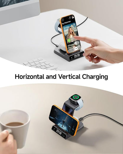 Fitbit Charger Stand for Fitbit Versa 4/3/Sense 2/1/Ace LTE, 3 in 1 Wireless Charging Station for iPhone Air/17/16/15/14, for Samsung S25/S24/S23, Wireless Charger for Earbuds, SwanScout C01FB