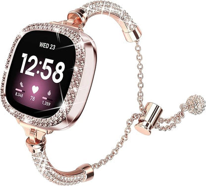 Bling Band And Case Compatible with Fitbit Versa 3/ Fitbit Sense for Women,Stainless Steel Metal Wristband Replacement for Fibit Sense/Versa 3 (Rose Gold)