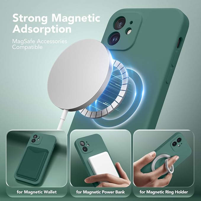 Magnetic for iPhone 12 Case, Compatible with MagSafe, [Full Camera Protection][Screen Protector] Silicone Shockproof Protective Phone Case for iPhone 12 6.1", Midnight Green