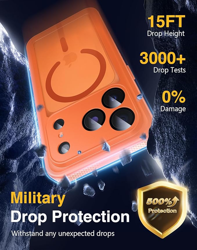 Lanhiem Magnetic for iPhone 17 Pro Max Case Waterproof, Built in Screen Protector & Camera Protection, [Compatible with MagSafe] Full Body Dustproof Heavy Duty Rugged Phone Case 6.9'' (Orange)