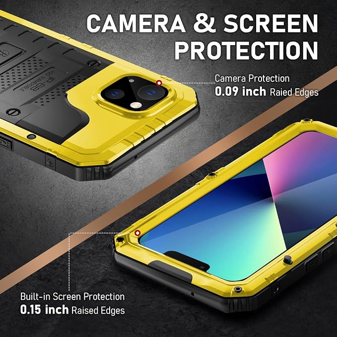 Beasyjoy for iPhone 13 Case Waterproof, Metal Phone Case with Built-in Screen Protector, Heavy Duty Full Body Protective Military Grade Shockproof Rugged Defender Cover 6.1 Inch, Yellow