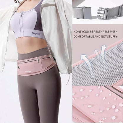 Running Belt for Women & Men - Slim Phone running belt with Water-Resistant Phone Holder, 3 pockets Adjustable Waist Strap, Reflective Safety Design for Running, Hiking, Travel，Fitness (Pink)