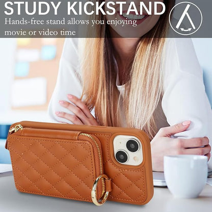 Crossbody Wallet Case for iPhone 14, PU Leather Zipper Handbag Purse Flip Cover, Kickstand Folio Case with Card Slots Holder Wrist Strap Lanyard 5G 6.1 Inch-Brown