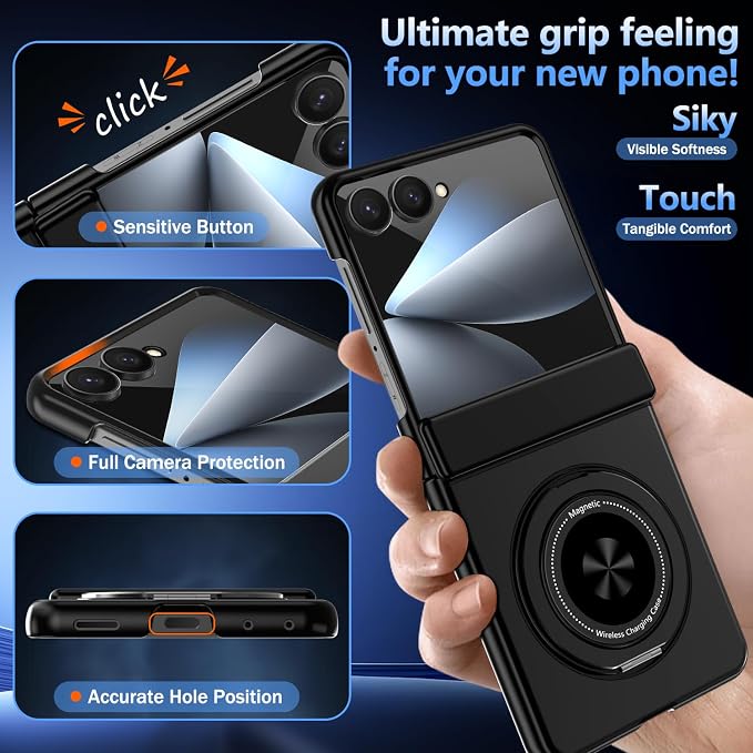 Hekodonk for Galaxy Z Flip 8 Case with 360 Rotatable Stand,[Compatible with MagSafe][Front Screen Protector],Magnetic Ring Holder with Hinge Protective Case for Samsung Z Flip 8,All Black