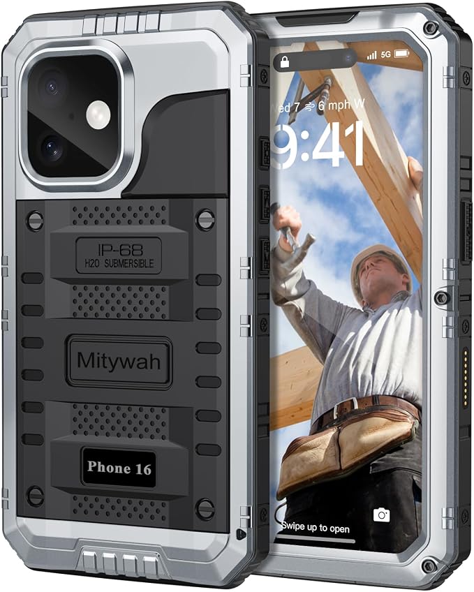 Mitywah Waterproof Case for iPhone 16, Shockproof Heavy Duty Case with Built-in Screen Protector, Underwater Full Body Protective Metal Case 6.1 inch, Silver
