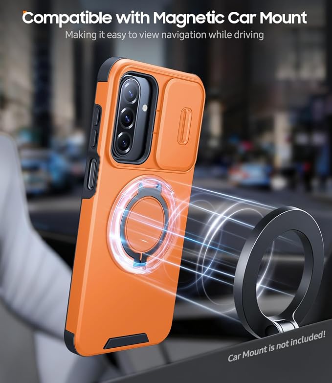 JAME for Samsung Galaxy A17/A16 5G Case, Ring Holder Stand, Slide Camera Cover, 2 Pack Screen Protectors, Dual-Layer Shockproof Protective, Magnetic Accessory Friendly Galaxy A16/A17 4G Case, Orange