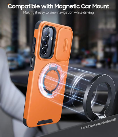 JAME for Samsung Galaxy A17/A16 5G Case, Ring Holder Stand, Slide Camera Cover, 2 Pack Screen Protectors, Dual-Layer Shockproof Protective, Magnetic Accessory Friendly Galaxy A16/A17 4G Case, Orange