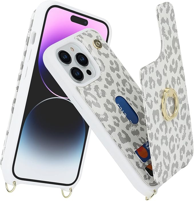 Lipvina for iPhone 14 Pro Max Case with Card Holder for Women,Phone Case with Strap,Crossbody Lanyard,RFID Blocking,Ring Stand,Snap Clasp,Cute Wallet Cases 6.7"(White Leopard)